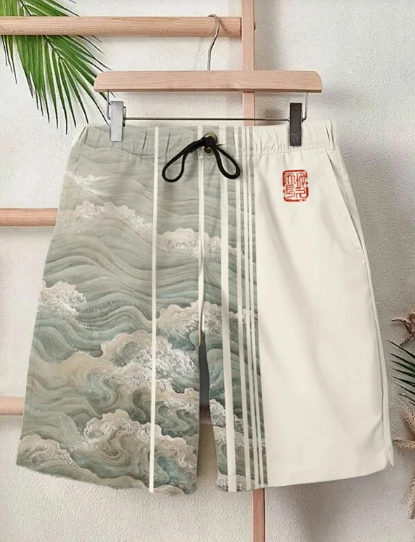2025 verão novo 3d japonês onda impressão rua hip-hop calções casuais masculinos verão calções de banho com cordão calções casuais