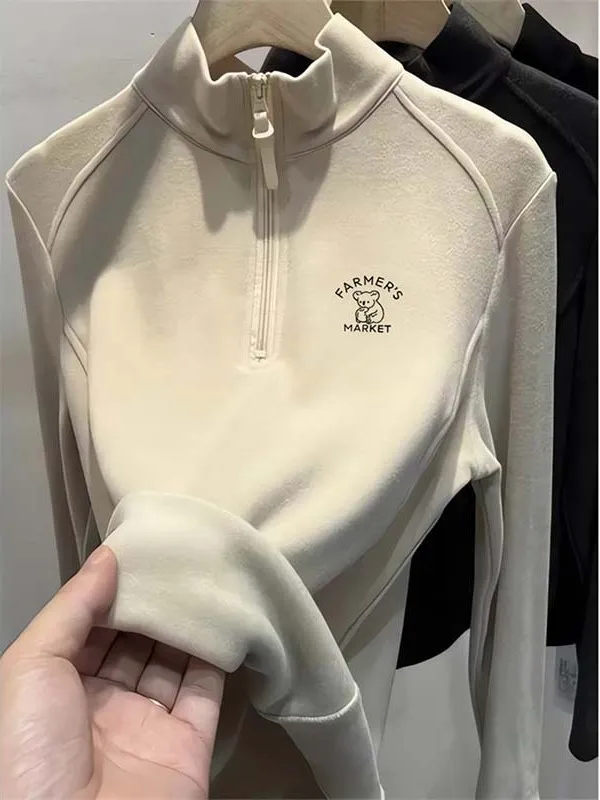 

Двусторонняя бархатная футболка с длинными рукавами, женская Fce-Lined, f-Zip, воротник-стойка, модная внутренняя одежда, осень-зима