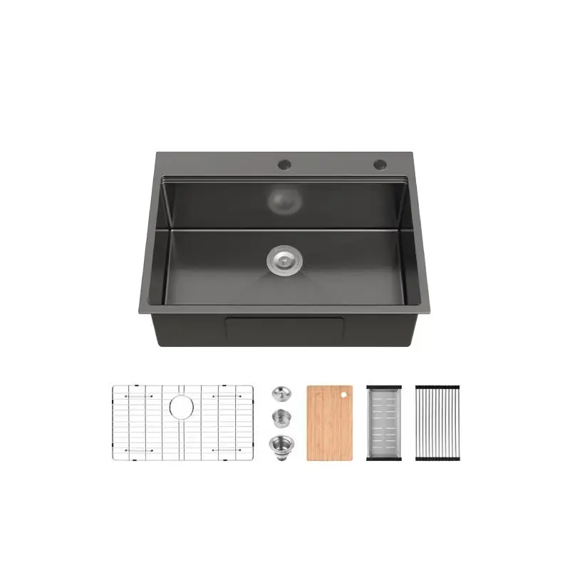 

30" x 22" Black Stainless Steel Kitchen Sink, Single Bowl Overmount, Includes Cutting Board, Colander, and Grid, Non-Weekend