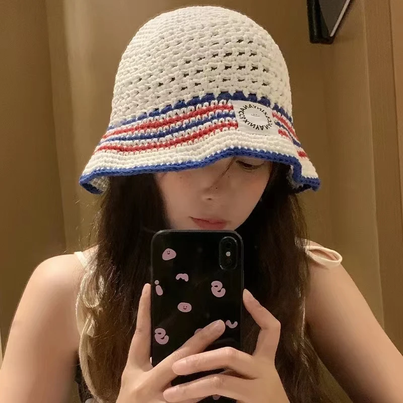 Knitted Striped Bucket Hats For Women Handmade Crochet Fishermen Hat Ladies Skullies Caps Outdoor Beach Sunscreen Caps Gorros