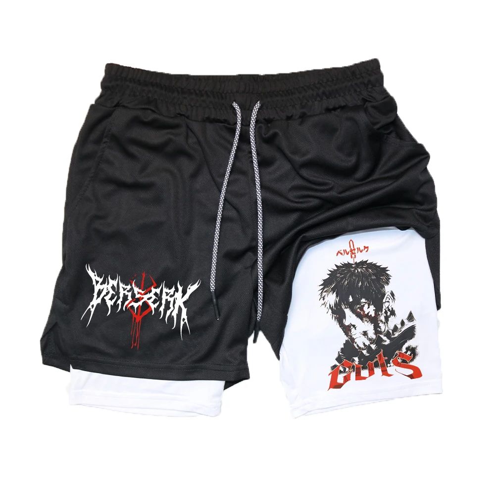 Anime Gym Shorts Berserk Guts and Toji Printed Men GYM 2 In 1 Bilayer Sports Shorts Workout Running Performance Short Pants