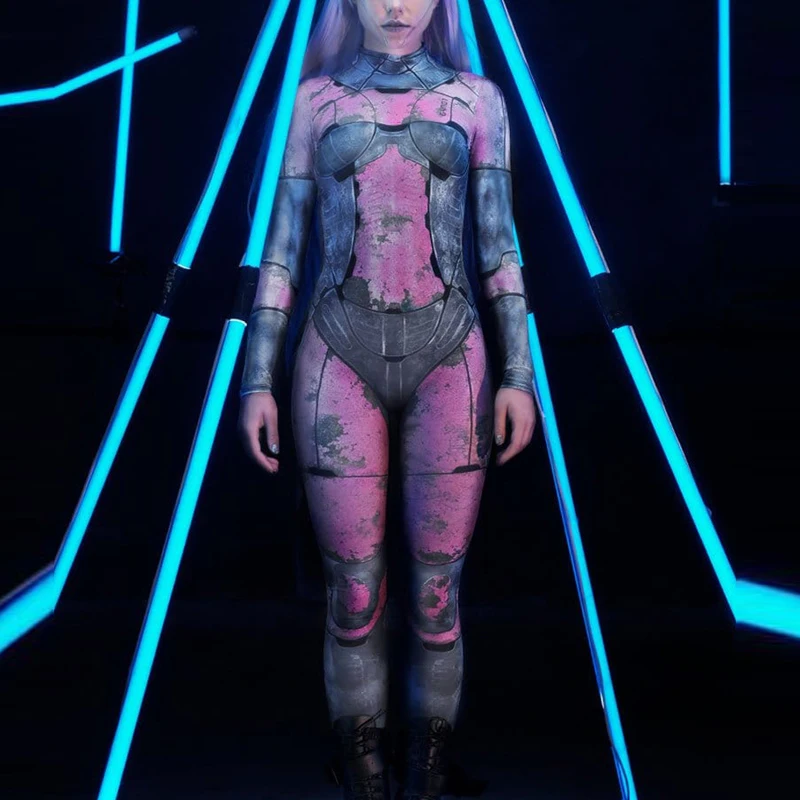 

Carnival Women's Purple Long Sleeve Fashion 3D Digital Printing Cyberpunk Bodysuit Festival Party Stage Role Playing Costume Set
