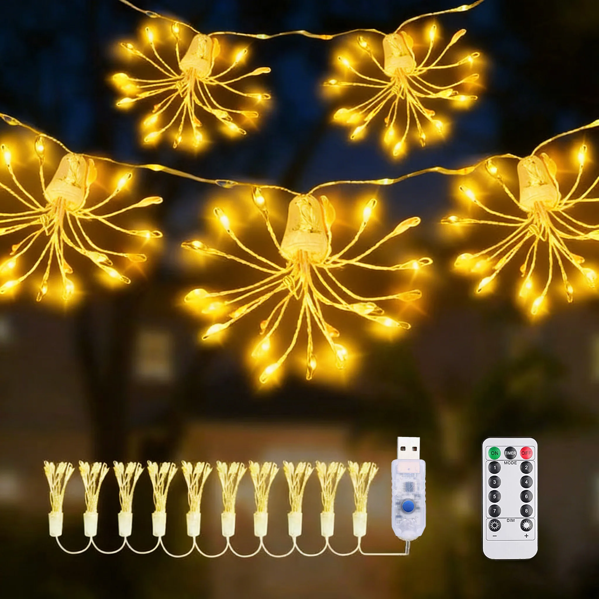 USB LED-Lichterkette für Außen, Feuerwerk-Lichterkette mit 8 Beleuchtungsmodi, Kupferdraht-LED-Licht für Camping, Weihnachtsbaum-Dekoration, Lampe