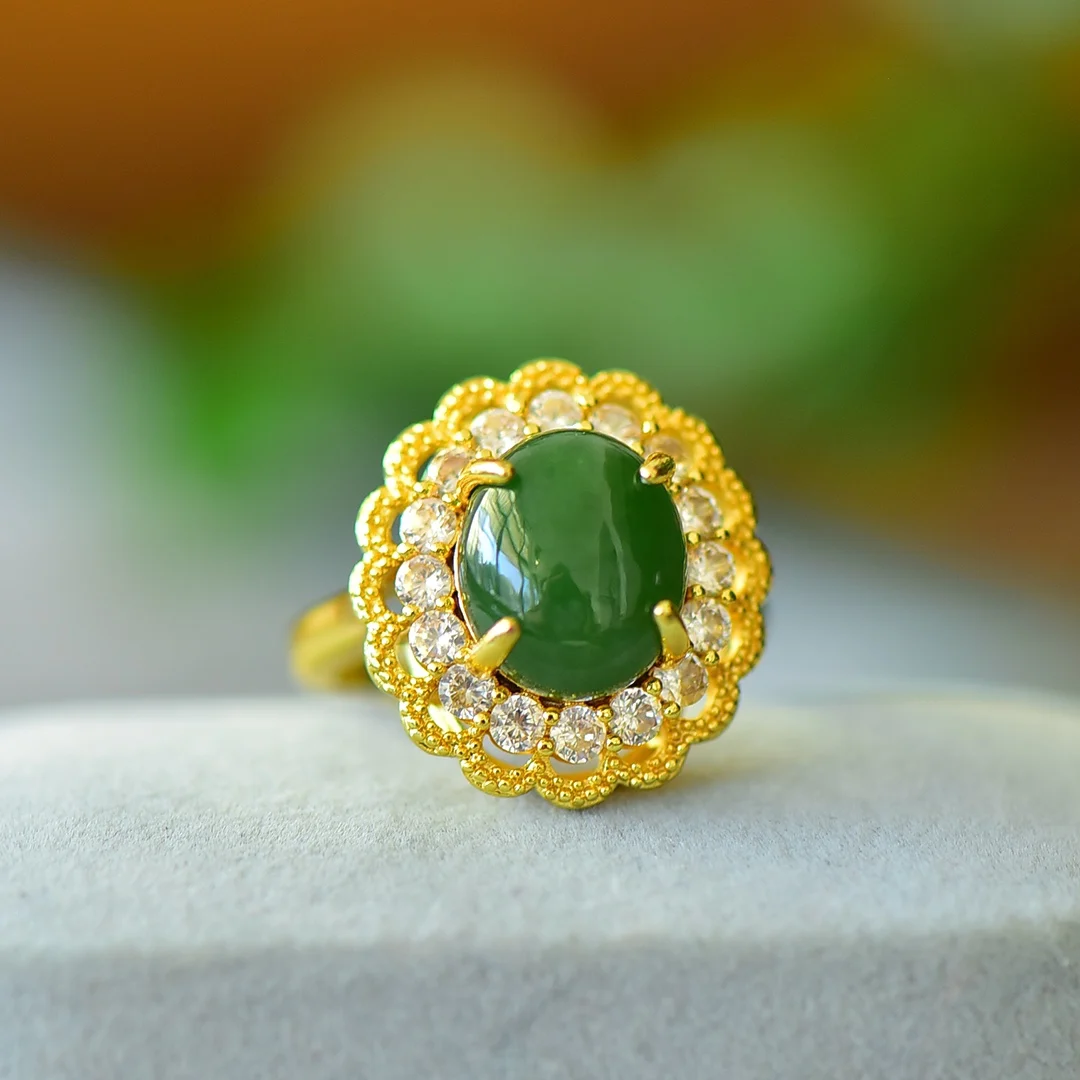 

Fashionable inlaid Hetian jade green full diamond ring