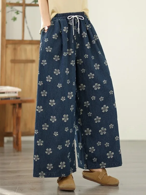 

Casual Slimming Straight Leg Jeans Artistic Embroidery Thin Elastic Waist Dstring High Waist Wide Leg Pants Summer Cotton ...