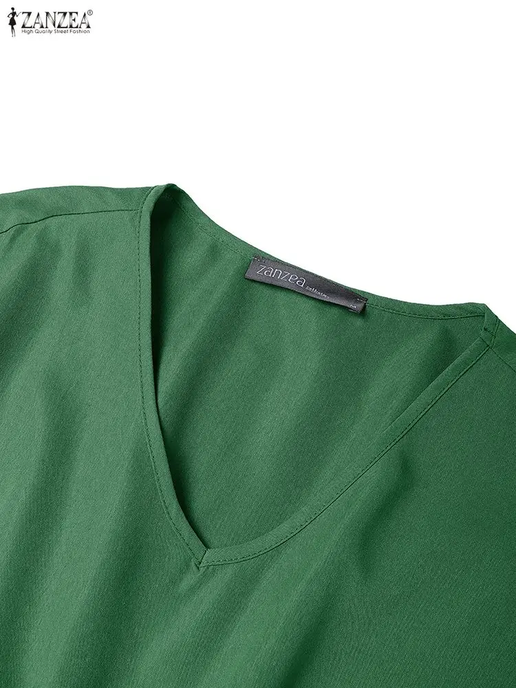 Abiti longuette casual eleganti da donna Moda scollo a V Manica a lanterna 3/4 Vita raccolta Abito a trapezio tinta unita ZANZEA Abiti donna