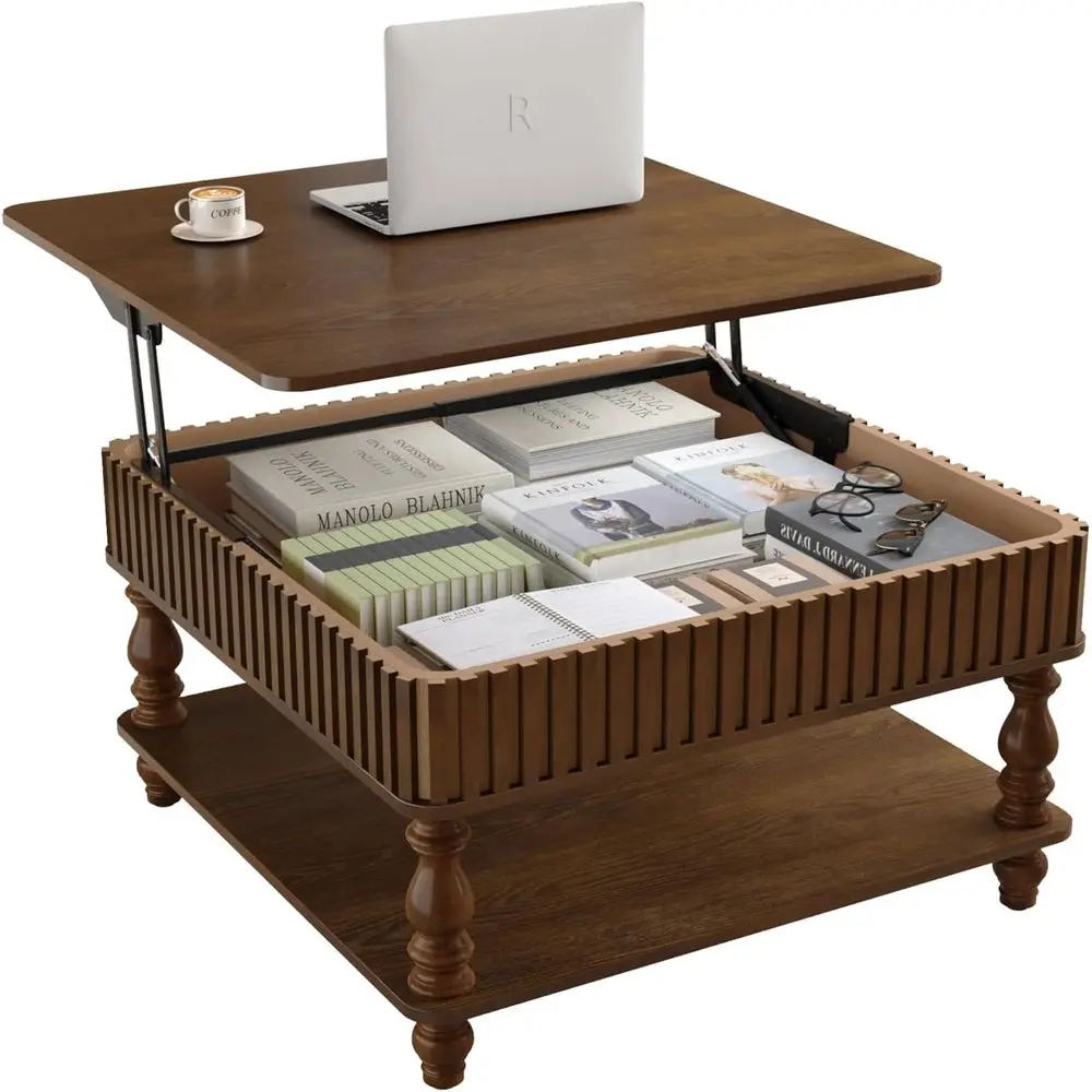 

Square L-shaped Coffee Table with Storage, Hydraulic Lift, Solid Wood Legs, Walnut Finish