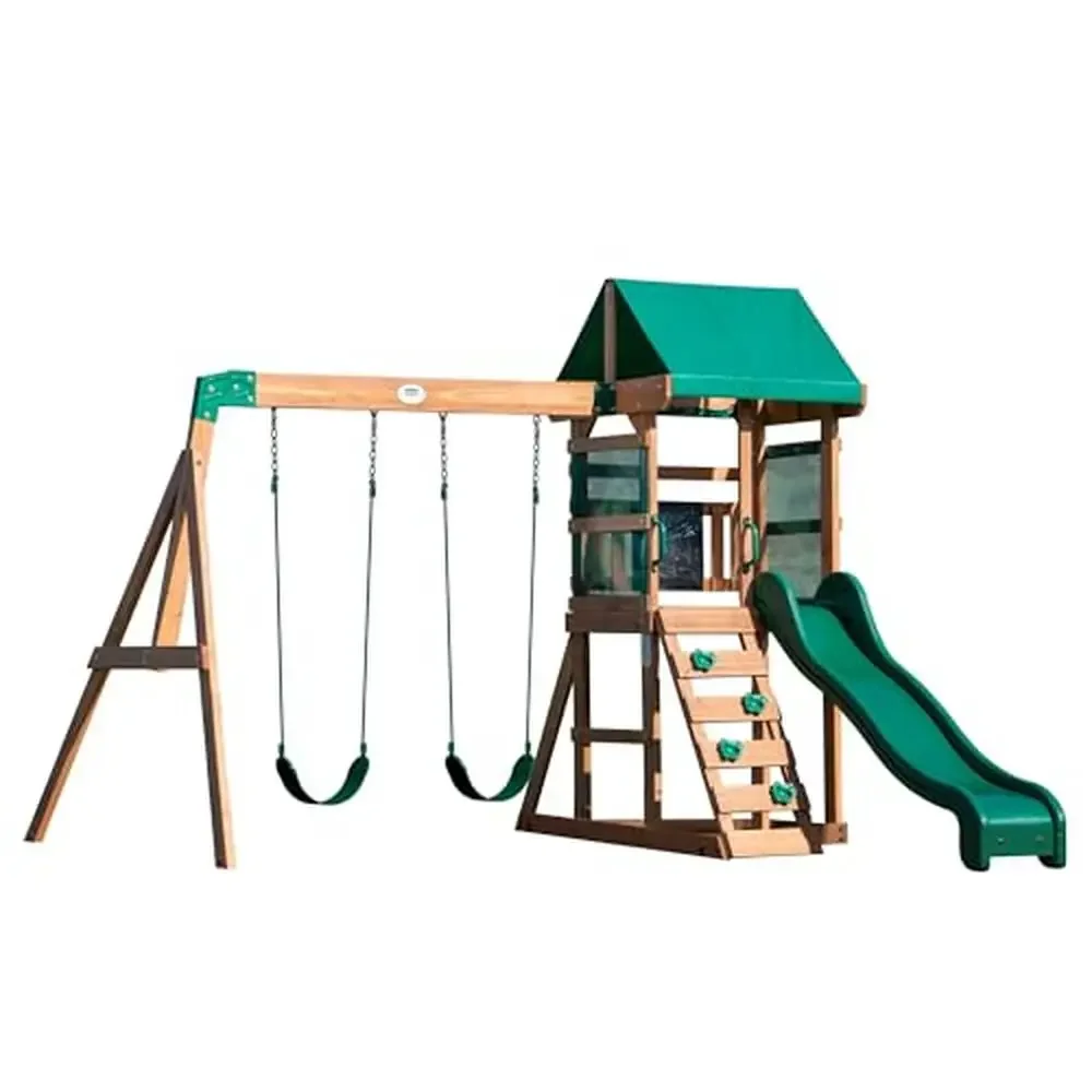 

Wooden Swing Set Small Yards Ages 3-6 Covered Fort & Rock Climber Belt Swings Mesh Fort Canopy Rot-Resistant Cedar Sturdy Design