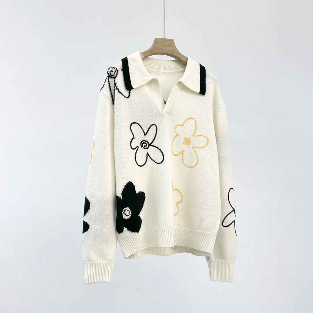 

Winter 2023 Autumn New and Women's Lapel Flower Embroidered Cashmere Sweater 0928