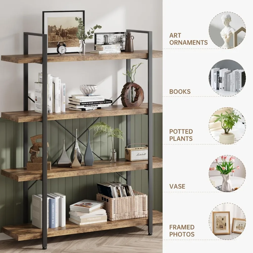 De madeira em pé Estante Set, 4 Tier Shelf, Estante Industrial para Casa e Escritório, 47 "Comprimento Estantes, Estantes Display, 2Pcs