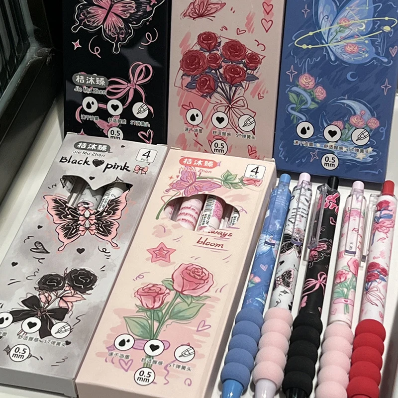 Bolígrafo de Gel de mariposa Kawaii, 4 piezas, tinta negra ST Nib, escritura suave, agarre suave, esponja, accesorios para la escuela y la Oficina, suministros de papelería