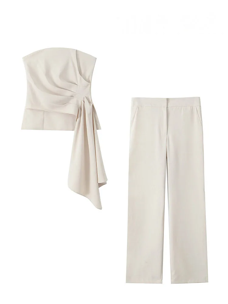 HH Women 2 Piece Set Solid Asymmetric Folds Side Zip Design Short Vest Top+Fashion Pockets High Waist Casual Wide Leg Pants