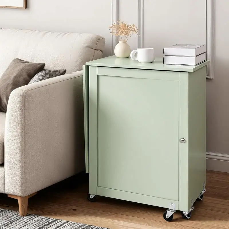 Folding Sewing Table, Multipurpose Sewing Machine Table with Compact Design, Wheels, Wooden Pegs, Storage Trays and Shelf, Magnetic Door Lock, Craft Station and Side Desk for Home, Light Green view 4