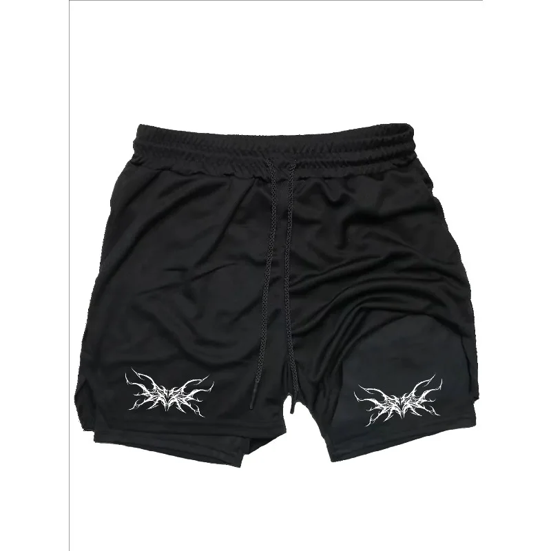 أنيمي رجل السراويل الرياضية 2 في 1 رياضة الركض الجري التدريب تنفس اللياقة البدنية طبقة مزدوجة المخفية جيب السراويل القصيرة