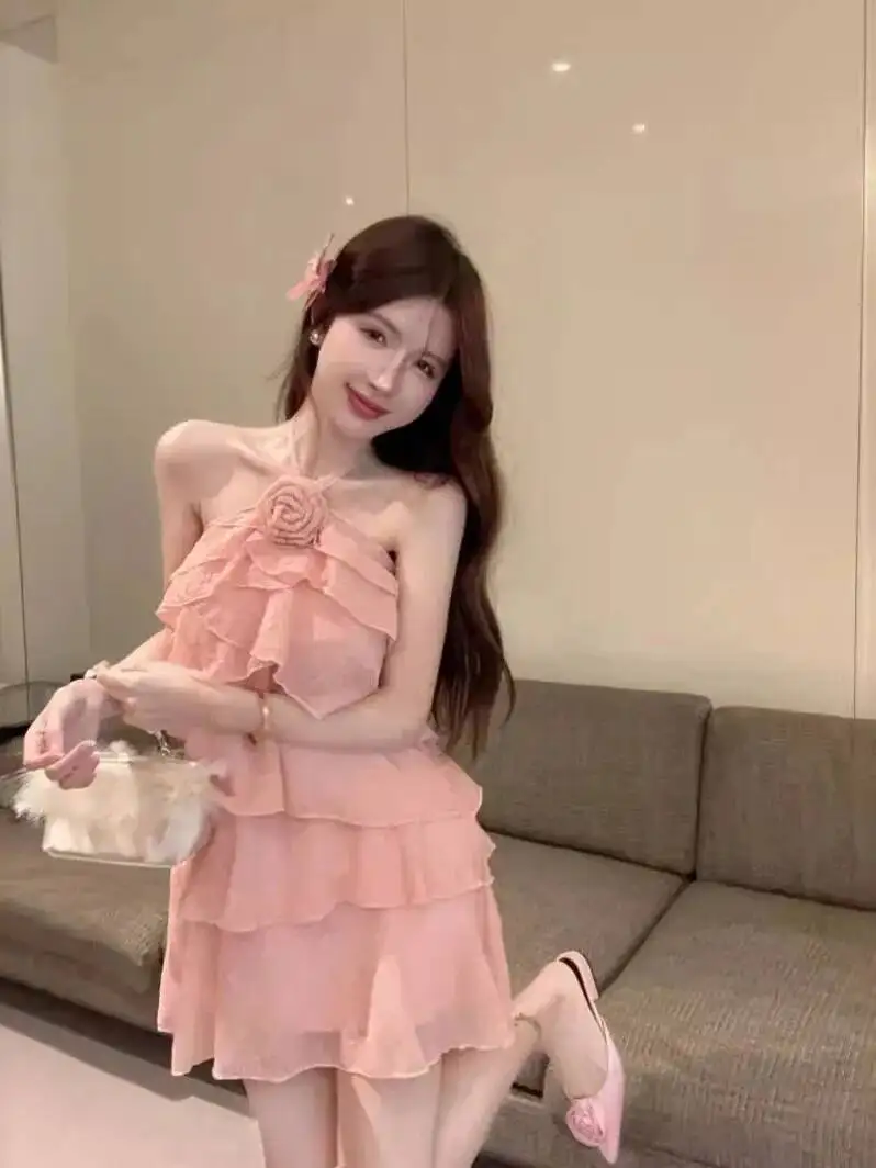 Pure Desire-vestido con cuello colgante y diseño de volantes para chica picante, vestido multicapa con flores y espalda descubierta, moda elegante y dulce 6YDL