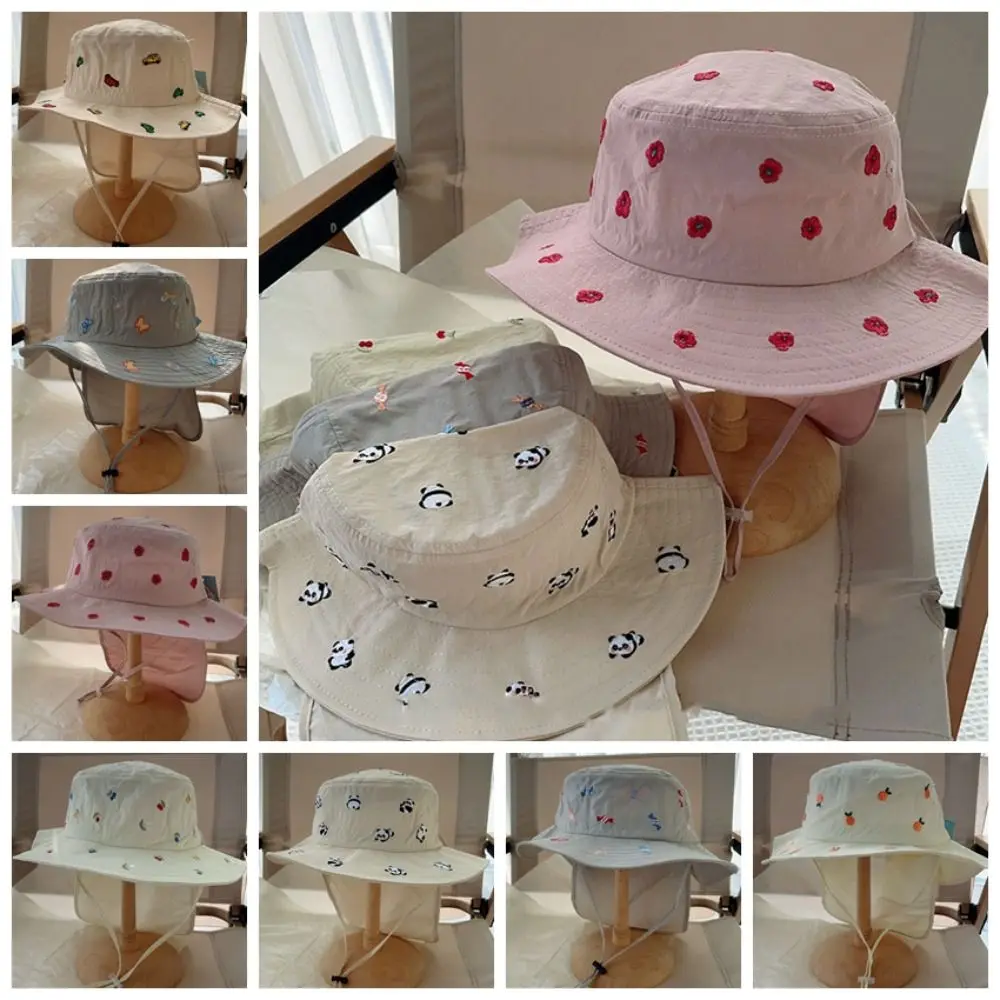 

Cartoon Embroidery Children Panama Cap Quick-dry Neck Protection Kids Bucket Hat Wide Brim Sunscreen Summer Fisherman Hat Beach