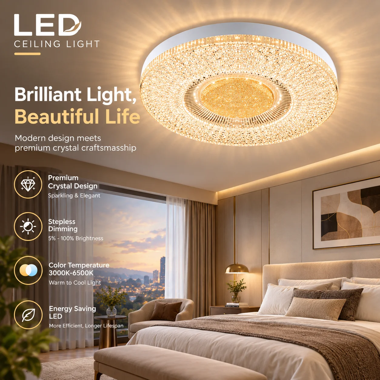 Modern Square Crystal LED Ceiling Light, 24W/36W/48W Flush Mount Light Fixture, Sparkling Ceiling Lamp for Bedroom, Living Room