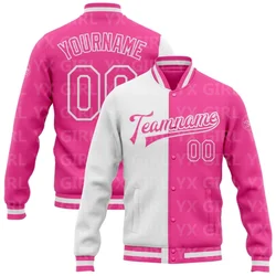 Chaqueta Bomber personalizada con botones de béisbol impresos en 3D, color rosa-blanco, Full-Snap Varsity Letterman, moda dividida