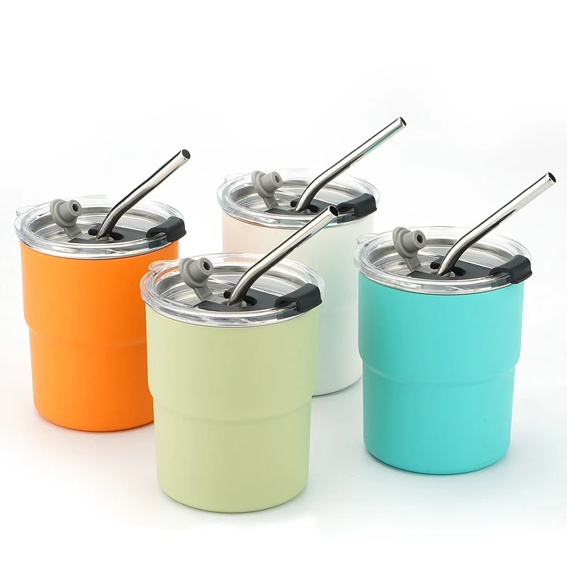 1PC Edelstahl Mini Reise Kaffeetasse Stapelbare Metall Bier Tassen mit Stroh & Deckel Tragbare Kaffee Tasse Drink