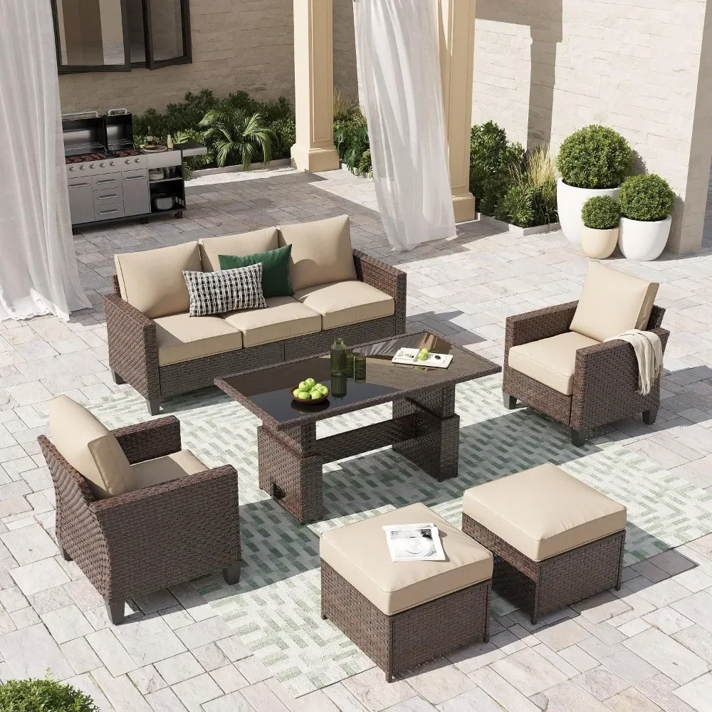 Outdoor Patio Furniture Set 6 Piece Wicker Conversation Set, Sit-Stand Coffee Table, 3 Seater Sofa with Ottoman