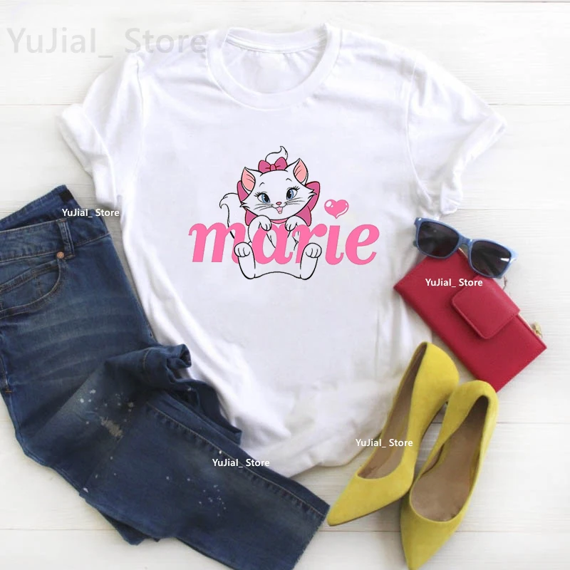 Kawaii Marie Cat Print T Shirt Girls Harajuku Shirt Summer Fashion Top Tee Shirt Femme White Casual Tshirt Female Streetwear