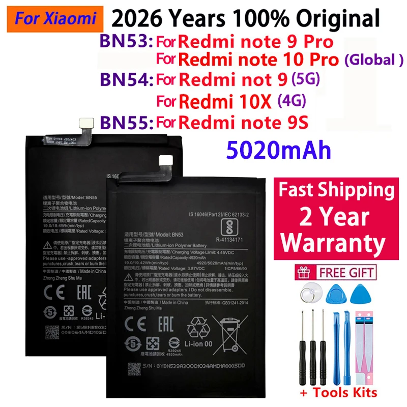 100% Original 5020mAh BN53 BN54 BN55 Replacement Battery For Xiaomi Redmi note 9 10 Pro 9S Redmi 10X 4G Bateria Phone Batteries