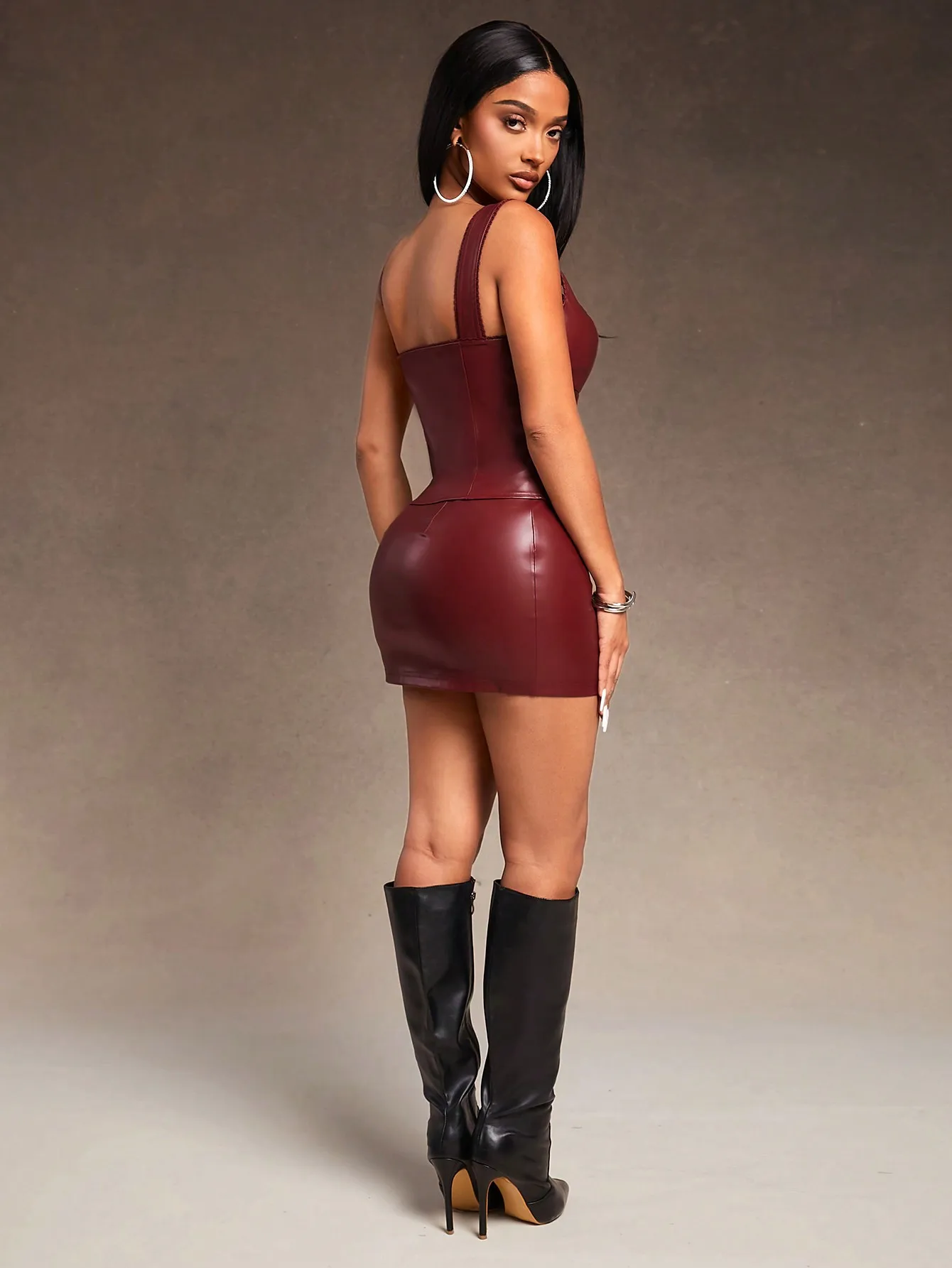 Burgundy PU two piece set with corset top and mini skirt for night out AliExpress