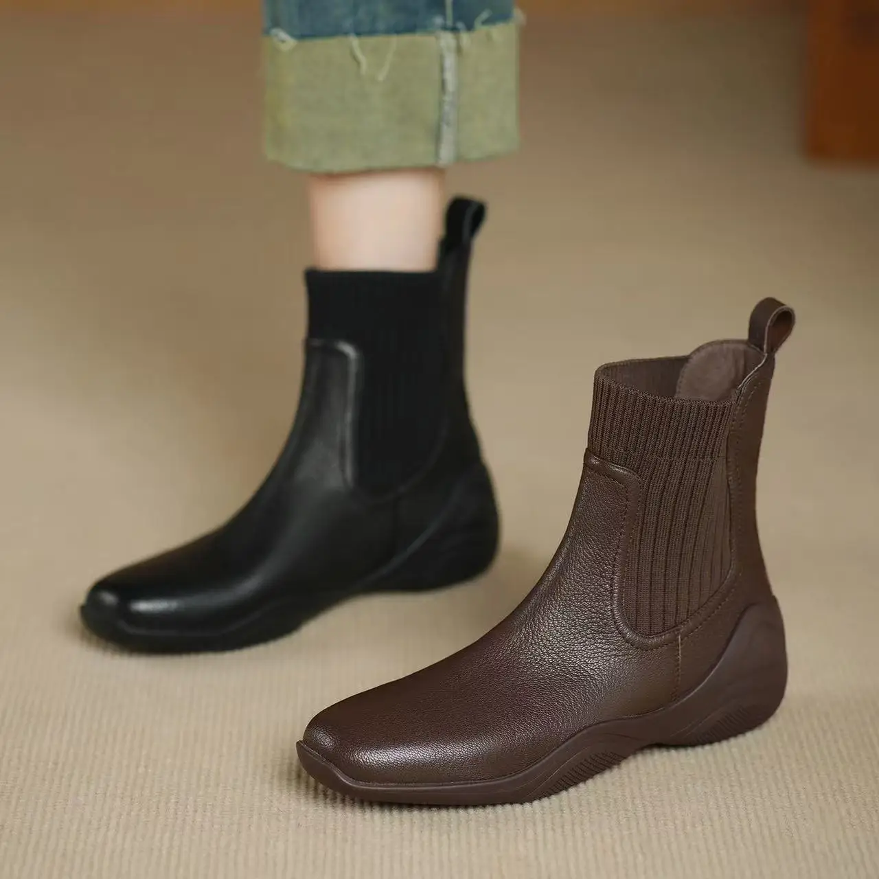 

Women's Soft Bot Boots Elastic So Boots Slim Chelsea Boots Casual Hollow Out Design Leather Shoes for Autumn
