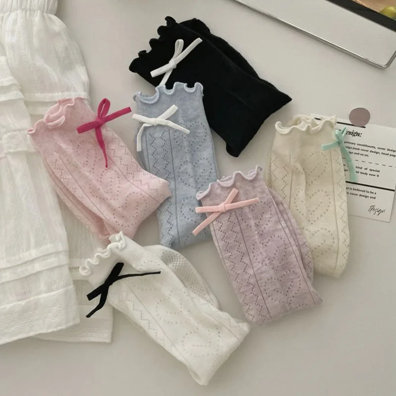 6 Pairs Pack Lolita Long Socks Japanese Style Kawaii Cute Bowknot Ruffle Socks Sweet Heart Thin Mesh Girls Socks Summer