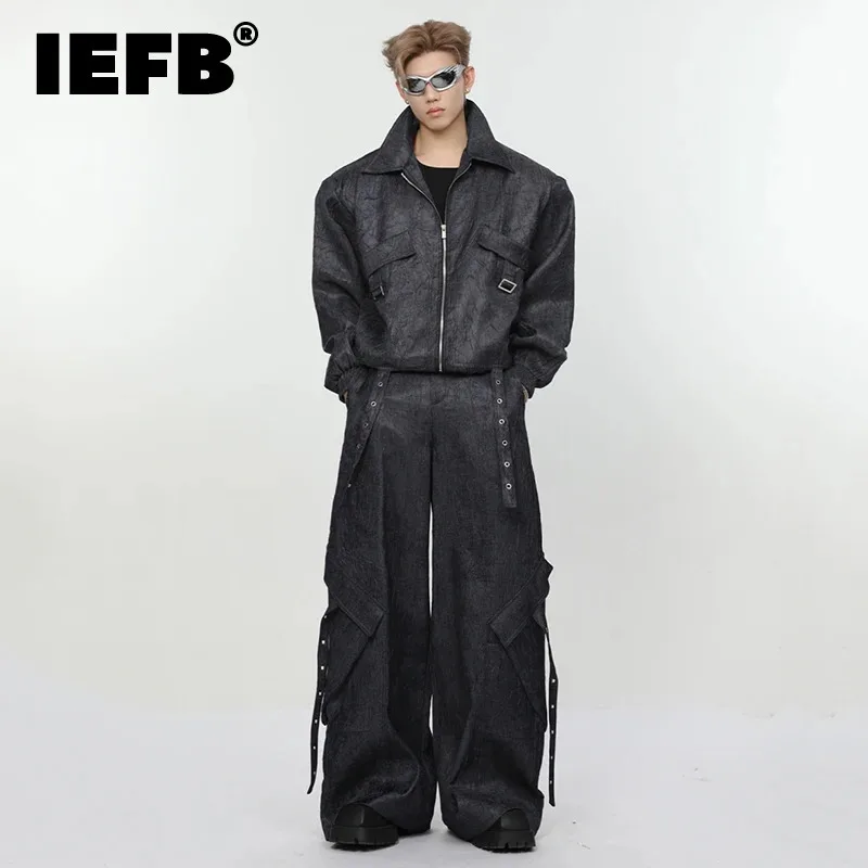 

IEFB Niche Style Men's Sets Wrinkle Metal Strap Zipper Coat Straight Pockets Wide Leg Trousers Male Two-piece Solid Color 9C6539