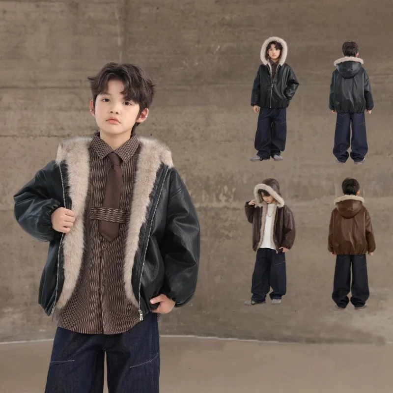

Детская куртка с капюшоном, верхняя одежда из искусственной кожи с толстой подкладкой из искусственного меха и отделкой капюшоном, теплое зимнее пальто для мальчиков, повседневная повседневная одежда