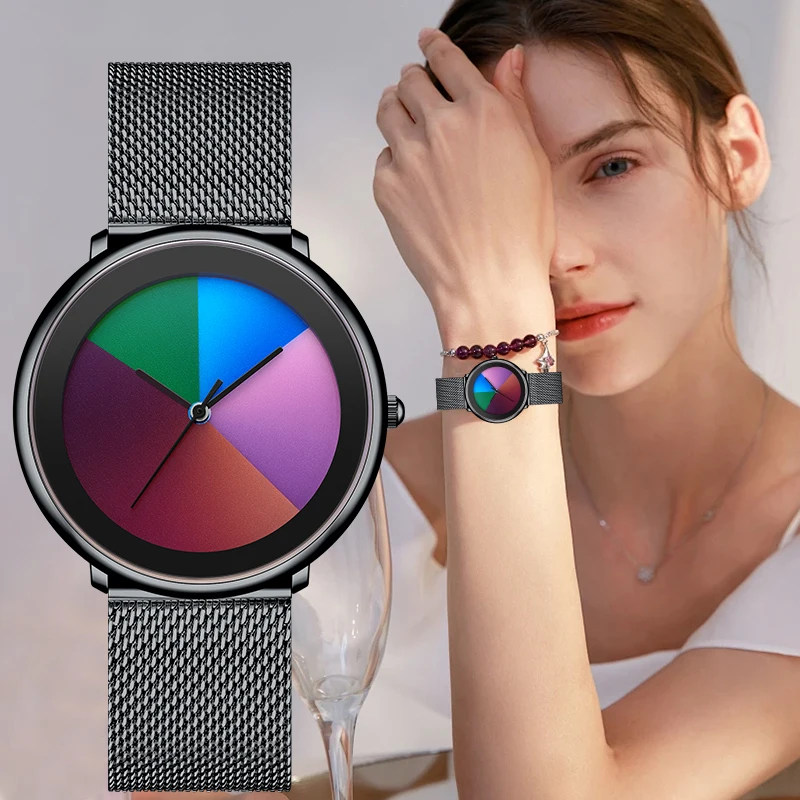LIGE Elegant Colorful Dial Woman Watch Fashion Changing Color Ultra-Thin Mesh Belt Waterproof Quartz Women's Watches Reloj Mujer