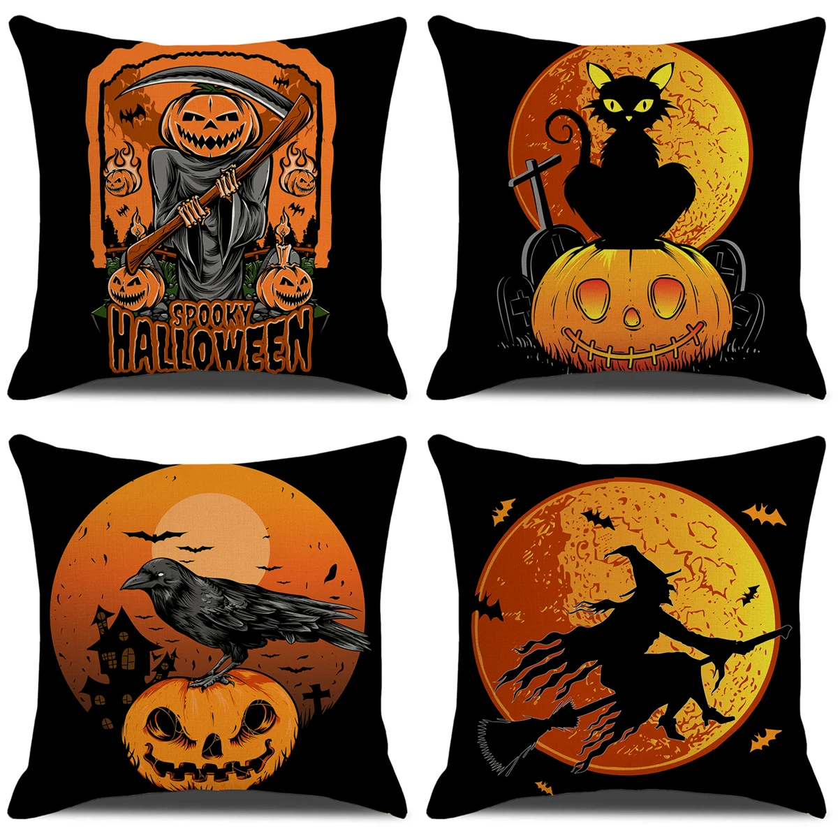 4pc Halloween Pillowcase Linen Throw Pillow Cover Trick Or Treat Pumpkin Ghost Throw Pillow Cover Halloween Decoration 2024