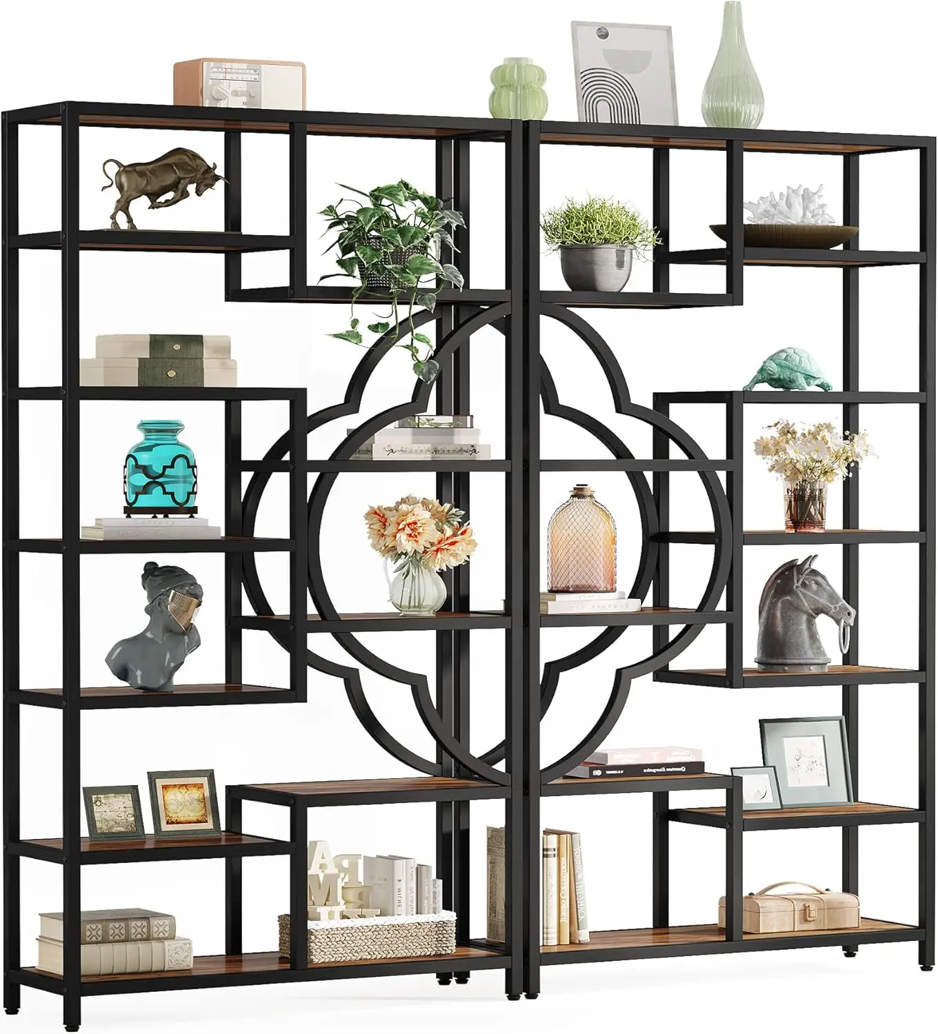 Bookshelf Set of 2, Large Bookcase with Unique Four Leaf Clover Shape Design, Industrial Etagere Display Shelves