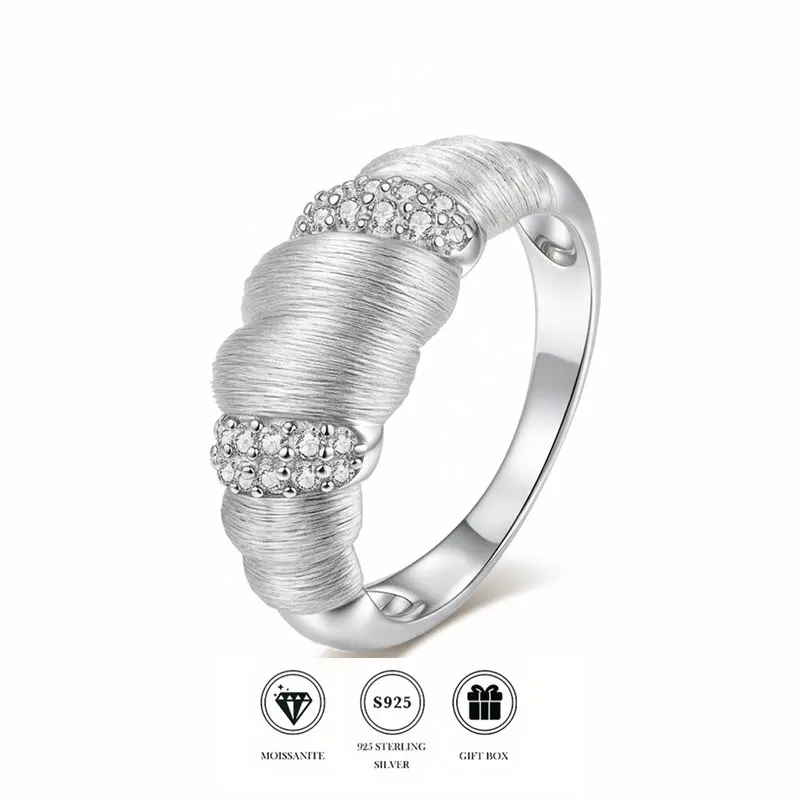

Women's Modern Style Knitted Texture Moissanite Promise Ring 925 Silver 14K Gold Plated Pave Setting GRA Certified Brushed Finis