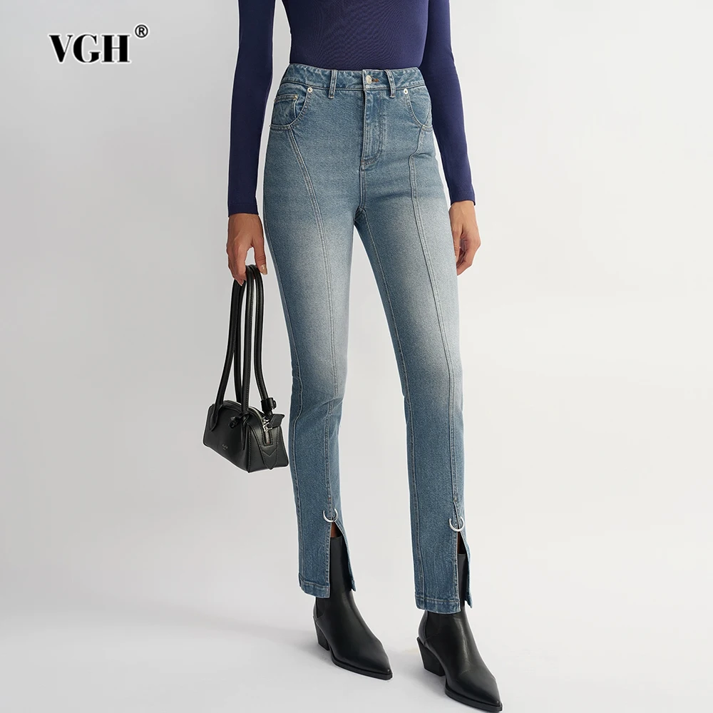 

VGH Slim Fit сексуальные однотонные джинсовые брюки для женщин с высокой талией и пуговицами, летние дизайнерские брюки для поездок на работу, женская мода, новинка