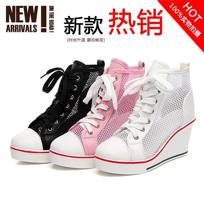 2024  Wedge Heel 8cm Height Increasing Net Shoes Thick Bottom Sandals Women\'s Casual Lace-up Shoes High-top Hollow Women\'s Shoes