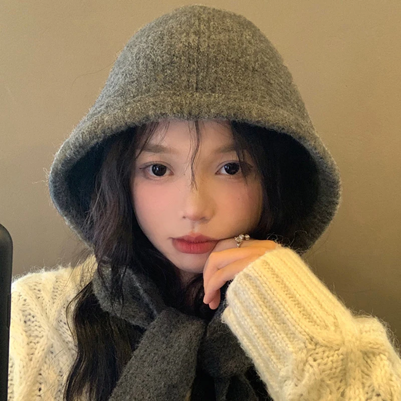 Solid Color Women Knitted Warm Hooded Beanie One Piece Scarf Cap Ear Protection Autumn Winter Balaclava Hat