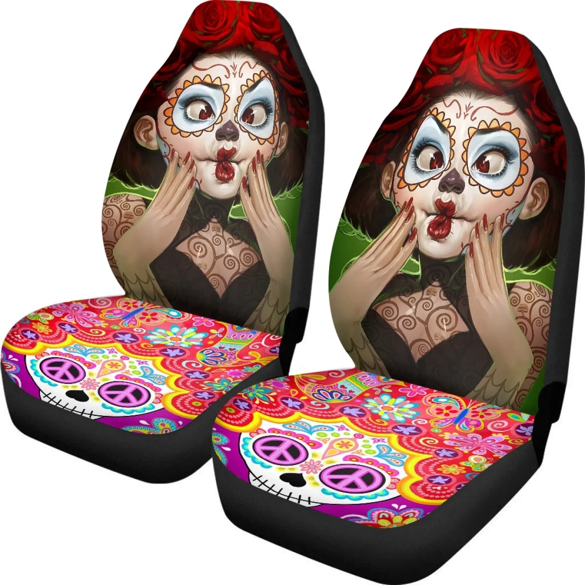 Car Seat Covers for Women Cute Skeleton Gothic Zombie Design Universal Vehicles Front Seat Covers Set of 2Pcs Comfort Fashion