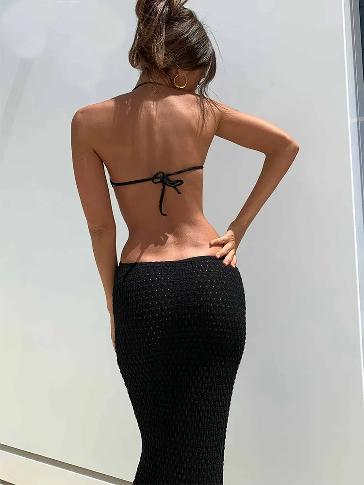 Elegant Backless Halter Dresses For Women Hollow Out Fashion Slim Patchwork Lace-Up Ladies Maxi Dress Summer Party Dress