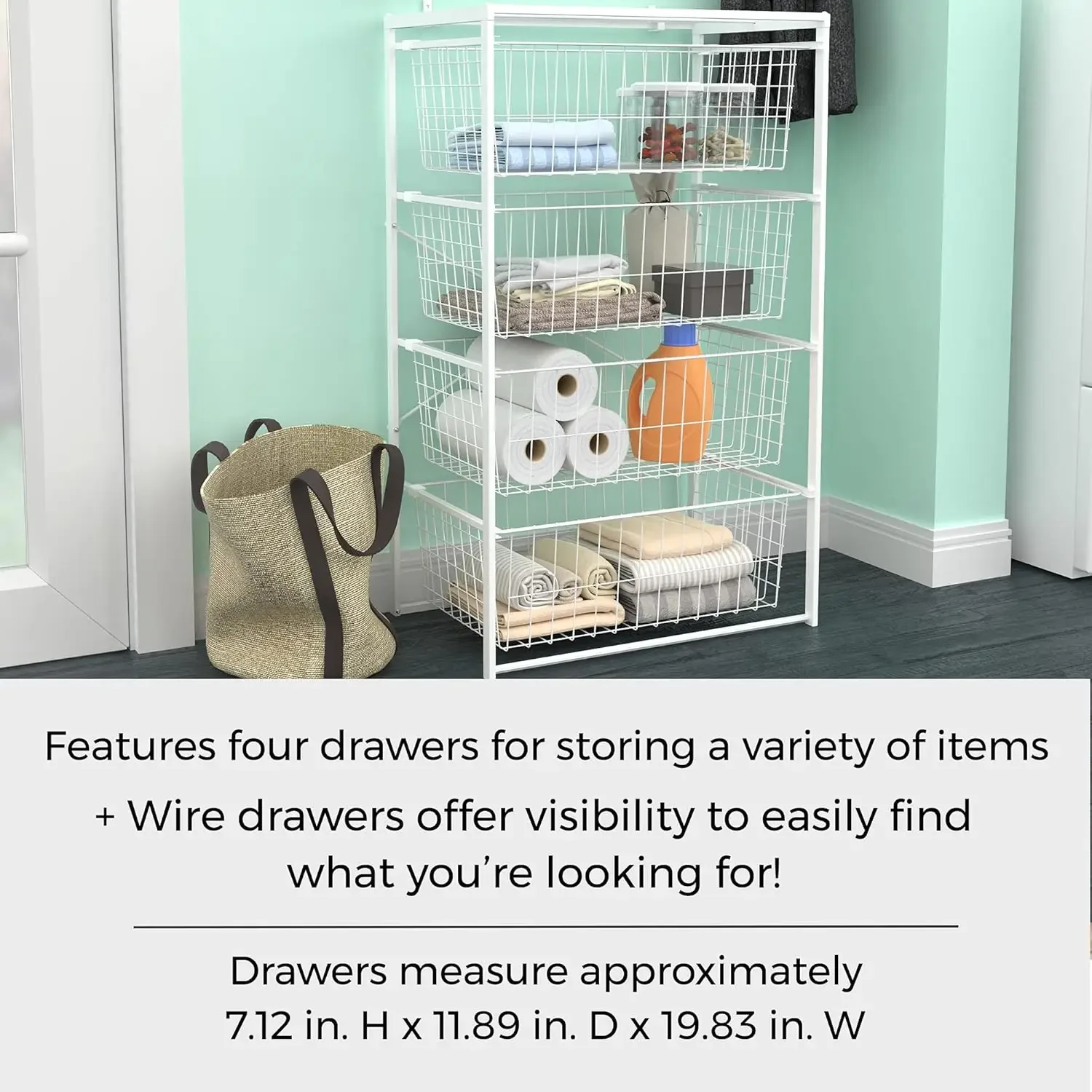 Wire Basket 4 Drawer Organizer Unit with Shelf for Pantry, Closet, Clothes, Linens, Sturdy Steel, Easy Assembly, White