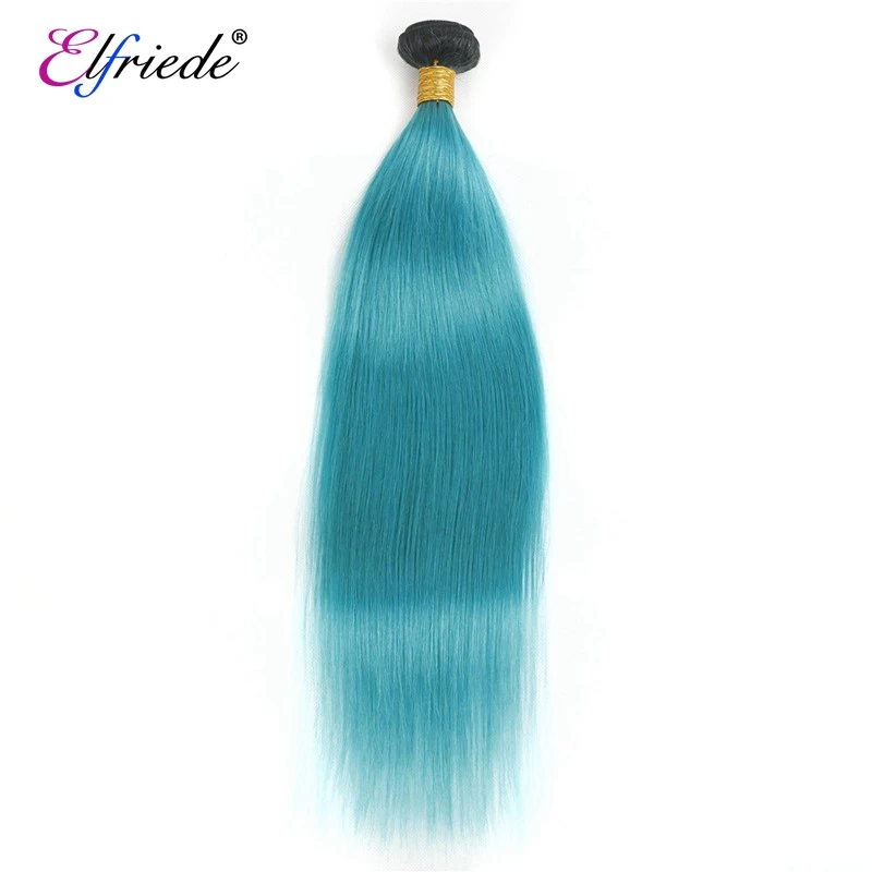 Elfriede #T1B/Lake Blue Straight Ombre Colored Hair Bundles with Closure 100% Human Hair Weaves 3 Bundles with Lace Closure 4x4