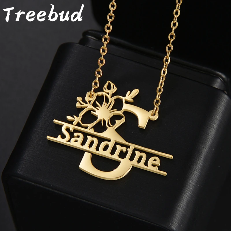 Treebud Customized Capital Letters Flower Pendant Necklaces  Stainless Steel Cutom Nameplate Choker Jewelry for Mother Day