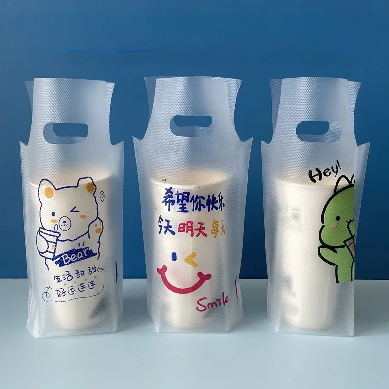 Delivery Beverage Bags Milk Tea Transparent Packaging Plastic Pouch Strong Cartoon Disposable Single Cup Bags Double Cup Bags