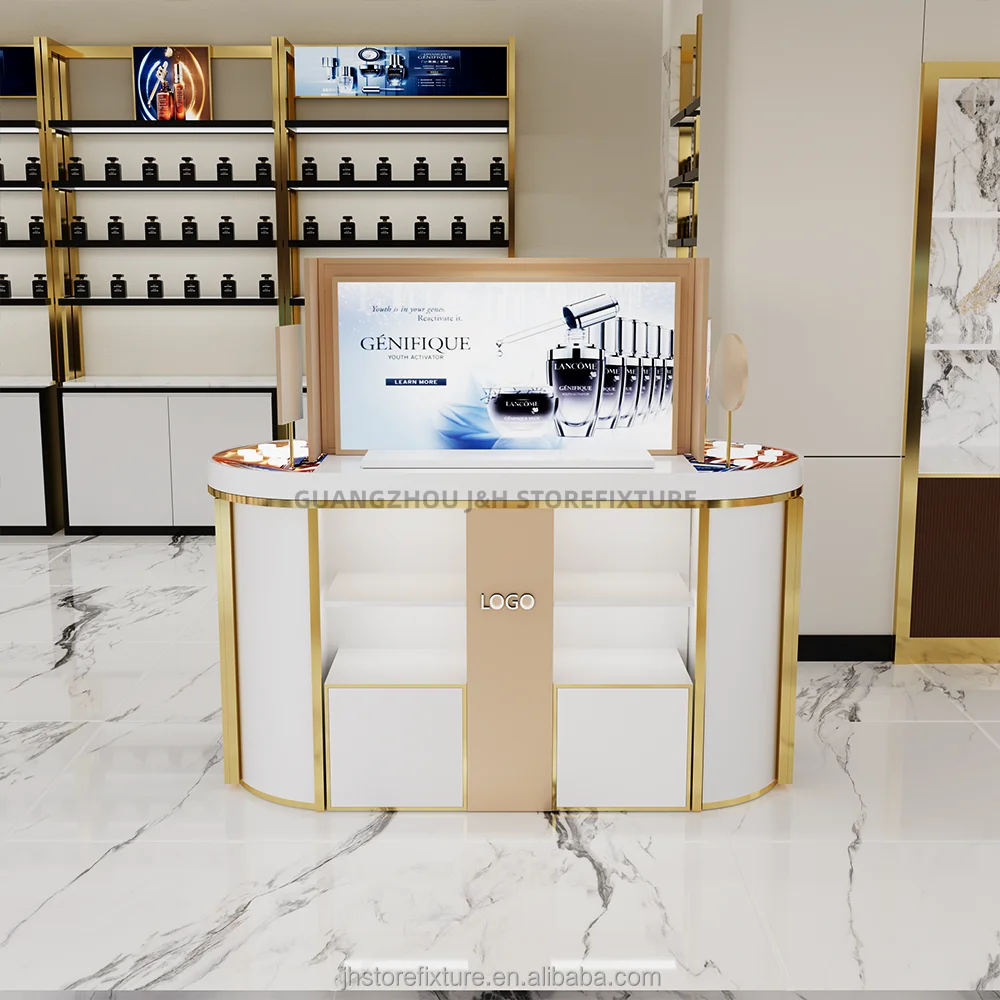 ออกแบบตกแต่งตู้โชว์น้ำหอมแบบคีออสก์ ตู้เคาน์เตอร์ไม้แบบกำหนดเอง ชั้นวางน้ำหอม