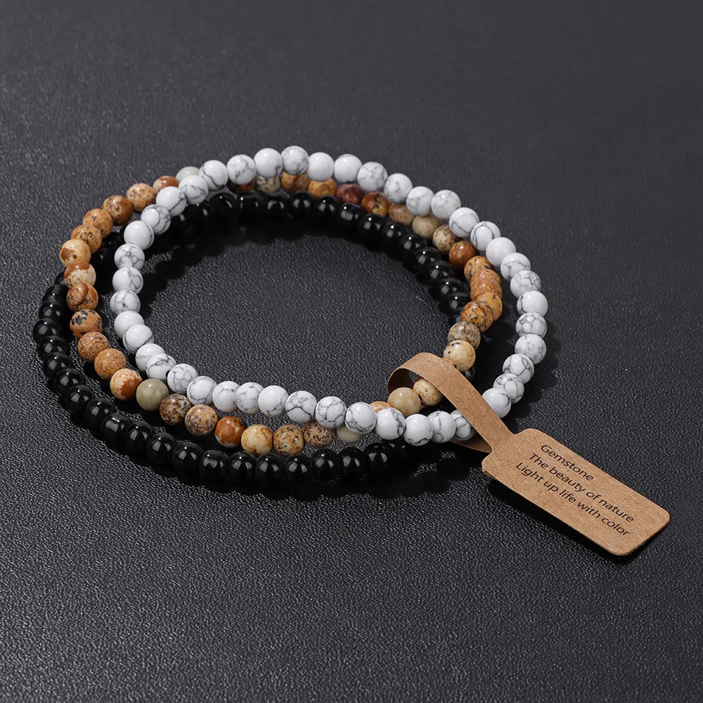 3pcs Natural Stone Bracelet 4mm Round Agates Turquoises Tiger Eye Quartz Jades Beads Bracelets for Women Men Couples Jewelry