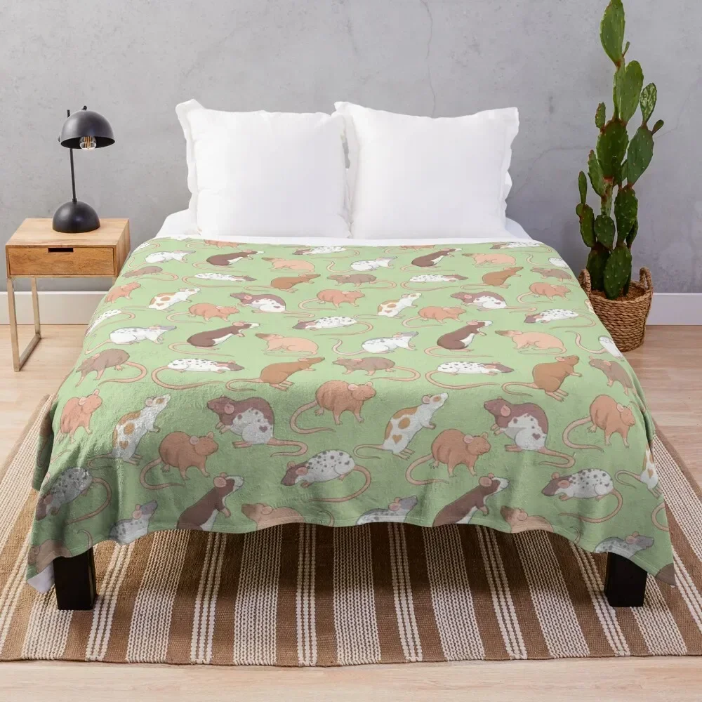 Cute Rattie rats illustration patter against green background Whimsicolour art Throw Blanket Beautifuls Blankets