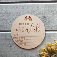 Newborn Wooden Anniversary Card Engraved Wooden Name Round Hello World Milestone Baby Photography Props Photo Gift