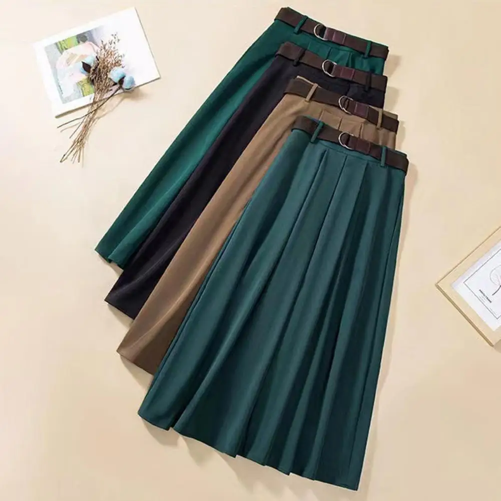 Women Midi Skirt Elegant A-line Midi Skirt with Belt High Waist Design Large Hem Women's Soft Breathable Draped Skirt for A