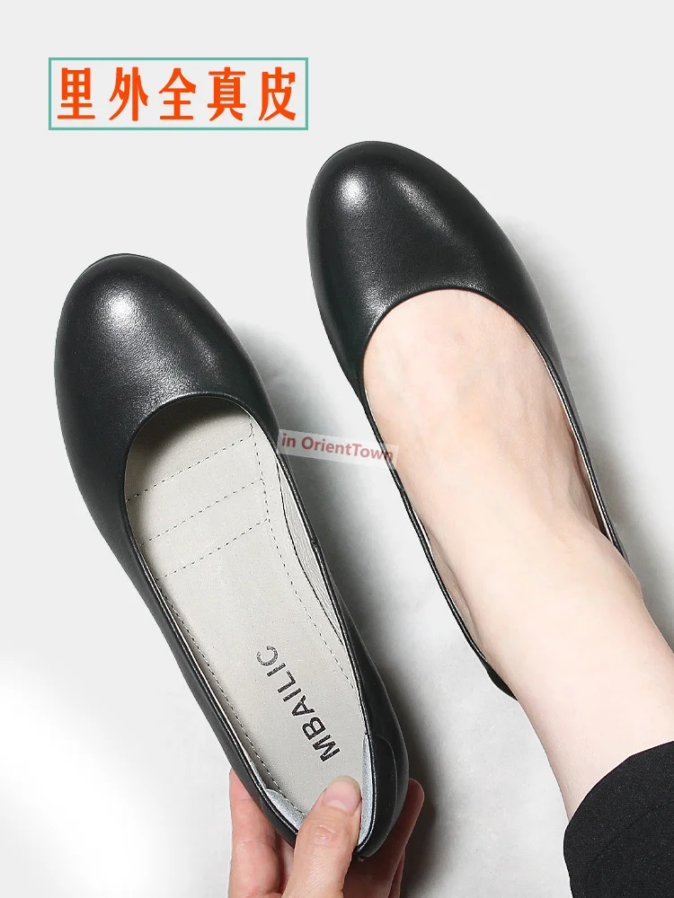 Flight Attendant Work Shoes Women\'s Comfortable Soft Soles Black Middle Heels Airline Stewardess Professional Real Leather Shoe